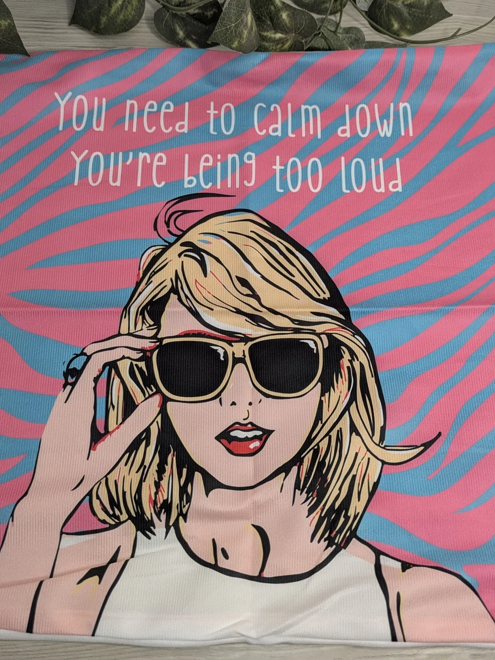 Taylor Swift-themed pillow cover featuring pop art lyrics from 